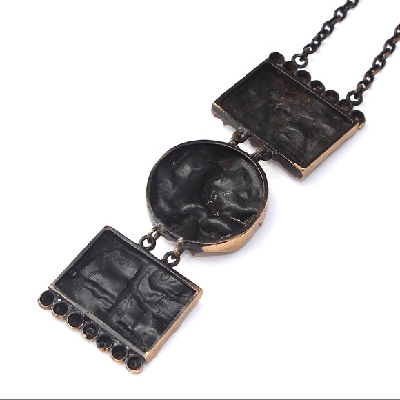Vintage Brutalist Bronze Pendant Necklace Long Triple Panel Abstract Modernist - Picture 9 of 11